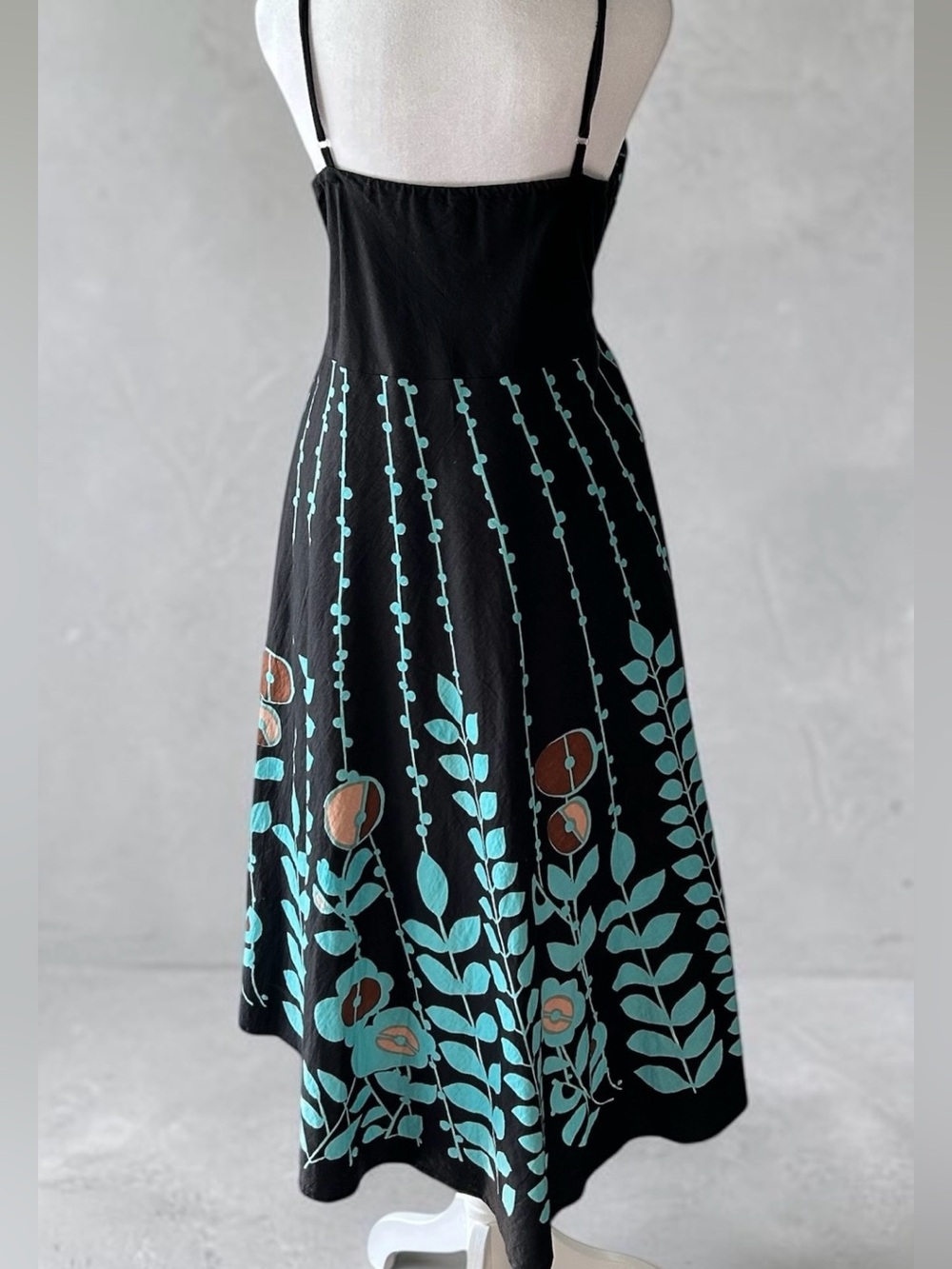 Boho Black Floral Embroidered Cotton Maxi Dress Teal Beaded Flowers Medium - Picture 3 of 6